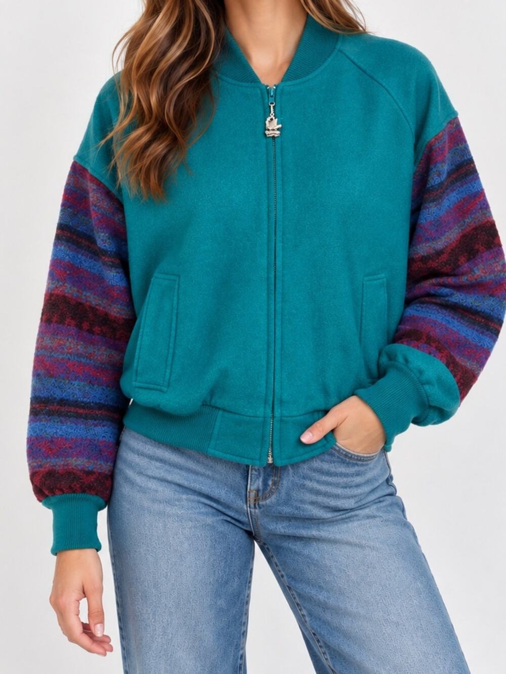 Vintage 1970's Women's Teal Bomber Jacker Wool Varsity Coat Aztec Sleeves US 10